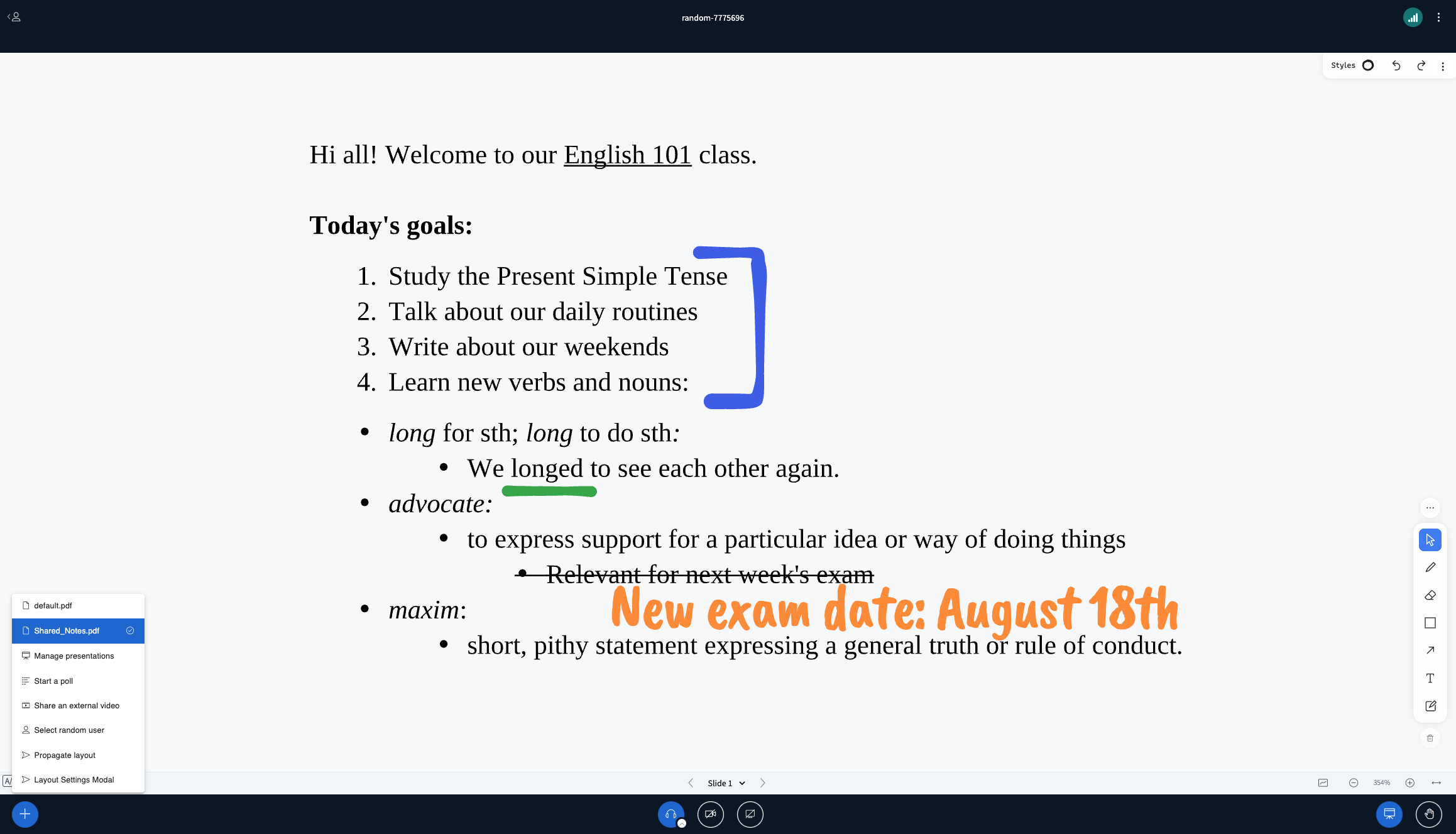BigBlueButton's whiteboard with annotations, with imported shared notes as the presentation