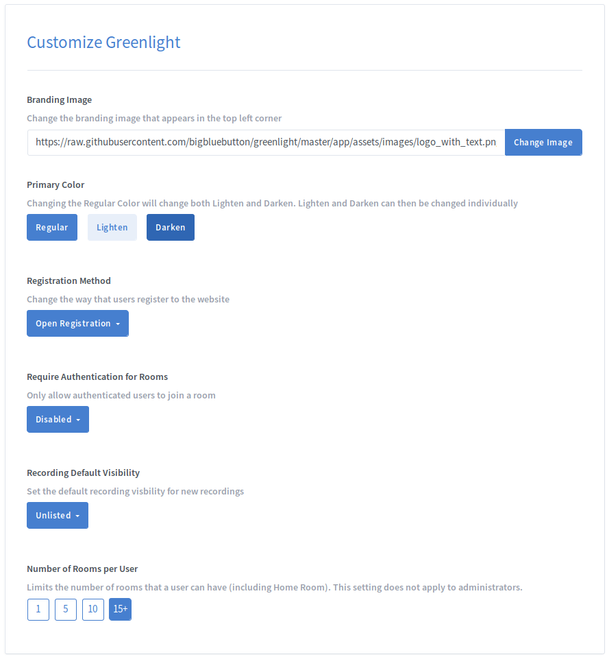 Greenlight Administrator Site Settings